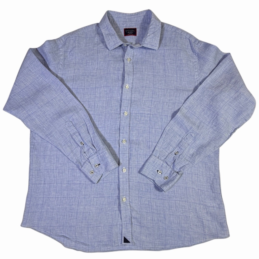 UNTUCKit Button Down Shirt Men Medium Blue Linen Torontel WR Slim Glen Plaid XXL